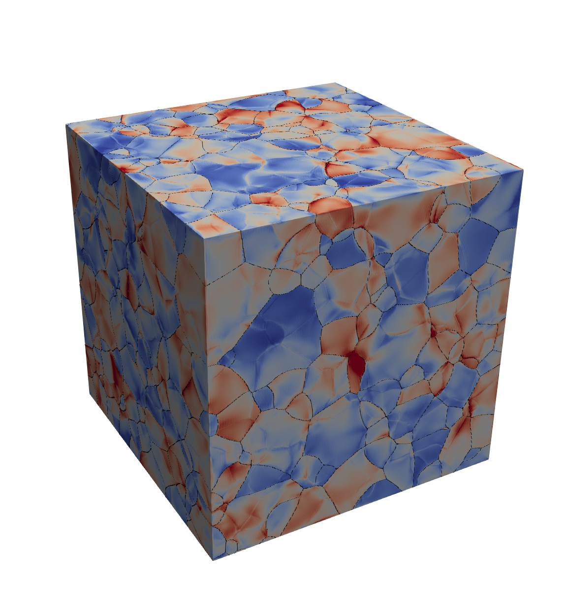 Image displaying internal crystaline stress of a metal cube simulated with Fierro.